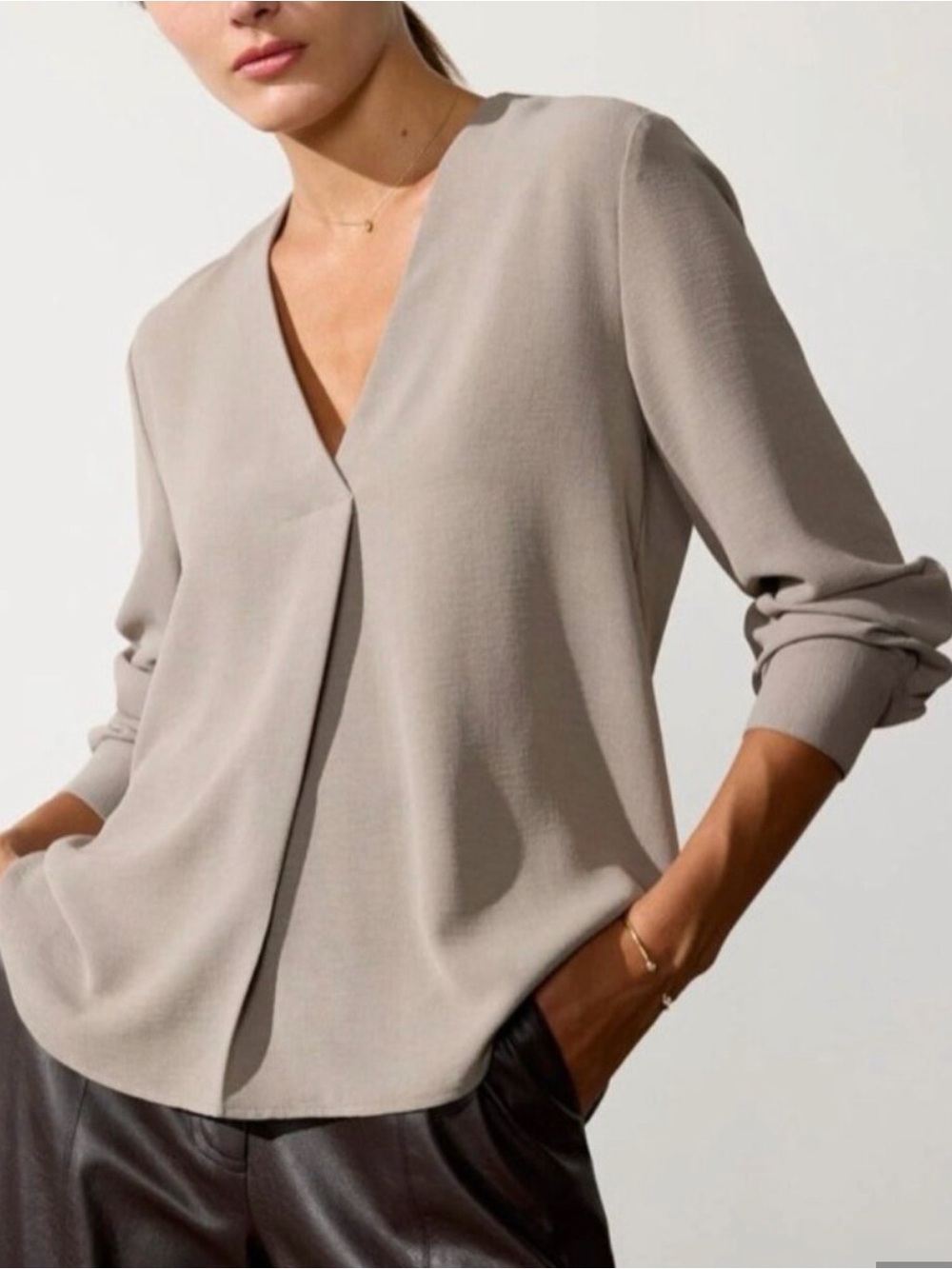 Brochu Walker V Neck Blouse Top L Taupe Greige Minimalist Long Sleeve